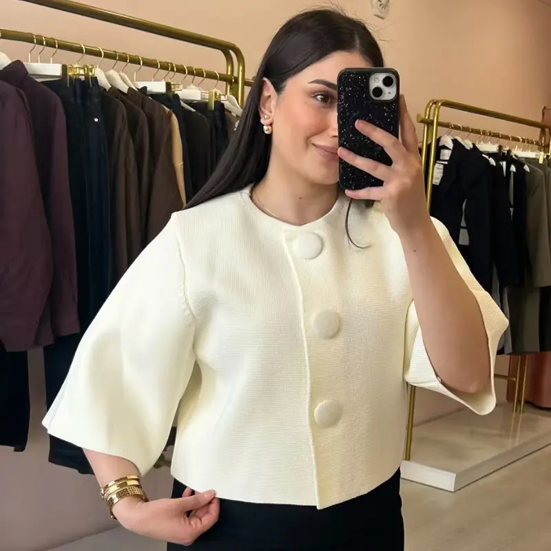 Womens Cropped Knit Cardigan Summer Elegant Off White Button ONeck Short Sleeve Tops For Woman Resort Bolero Sweater product view