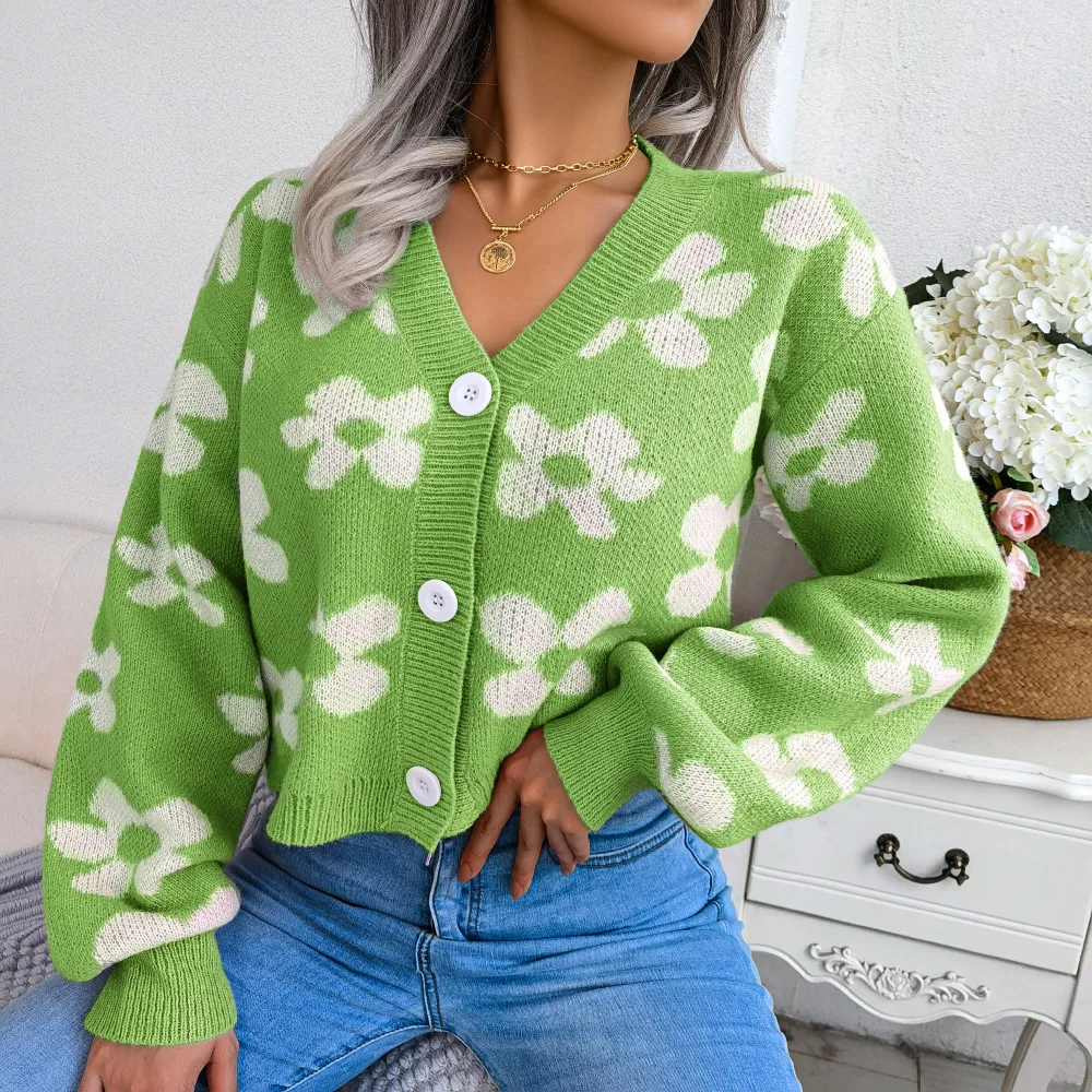 Womens Floral Contrast Color Button Front Casual Cardigan Sweater Coat Long Sleeve Open Front for Resort Wear detail