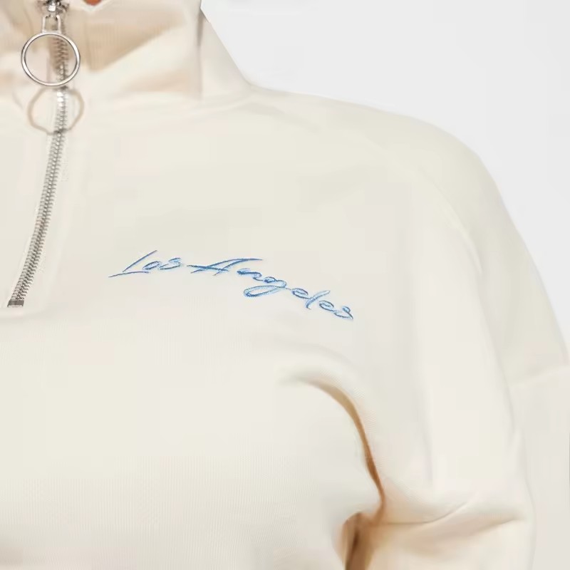 Womens Custom Embroidered Cotton French Terry Tracksuit and Joggers Set Cropped Pullover Half Zip Sweatshirt detail
