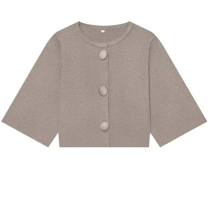 Womens Cropped Knit Cardigan Summer Elegant Off White Button ONeck Short Sleeve Tops For Woman Resort Bolero Sweater product view
