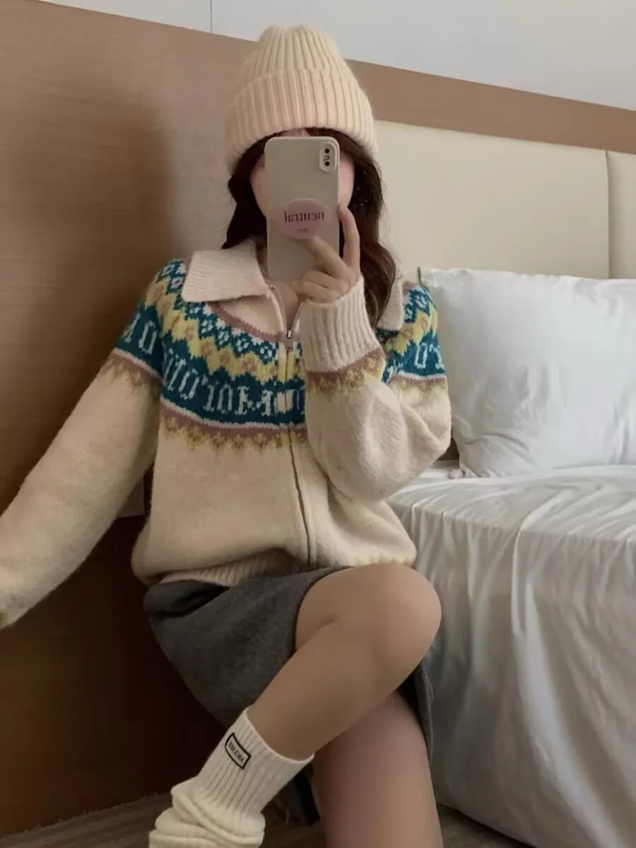 Zipper Lapel Color Blocking Coat Retro Jacquard Knitted Cardigan Loose Long Sleeve Sweater detail