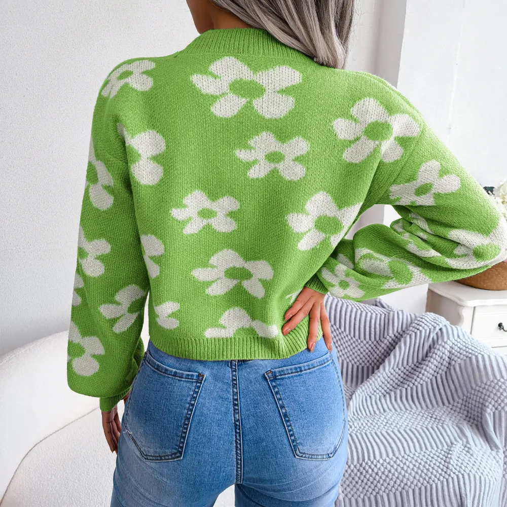 Womens Floral Contrast Color Button Front Casual Cardigan Sweater Coat Long Sleeve Open Front for Resort Wear detail