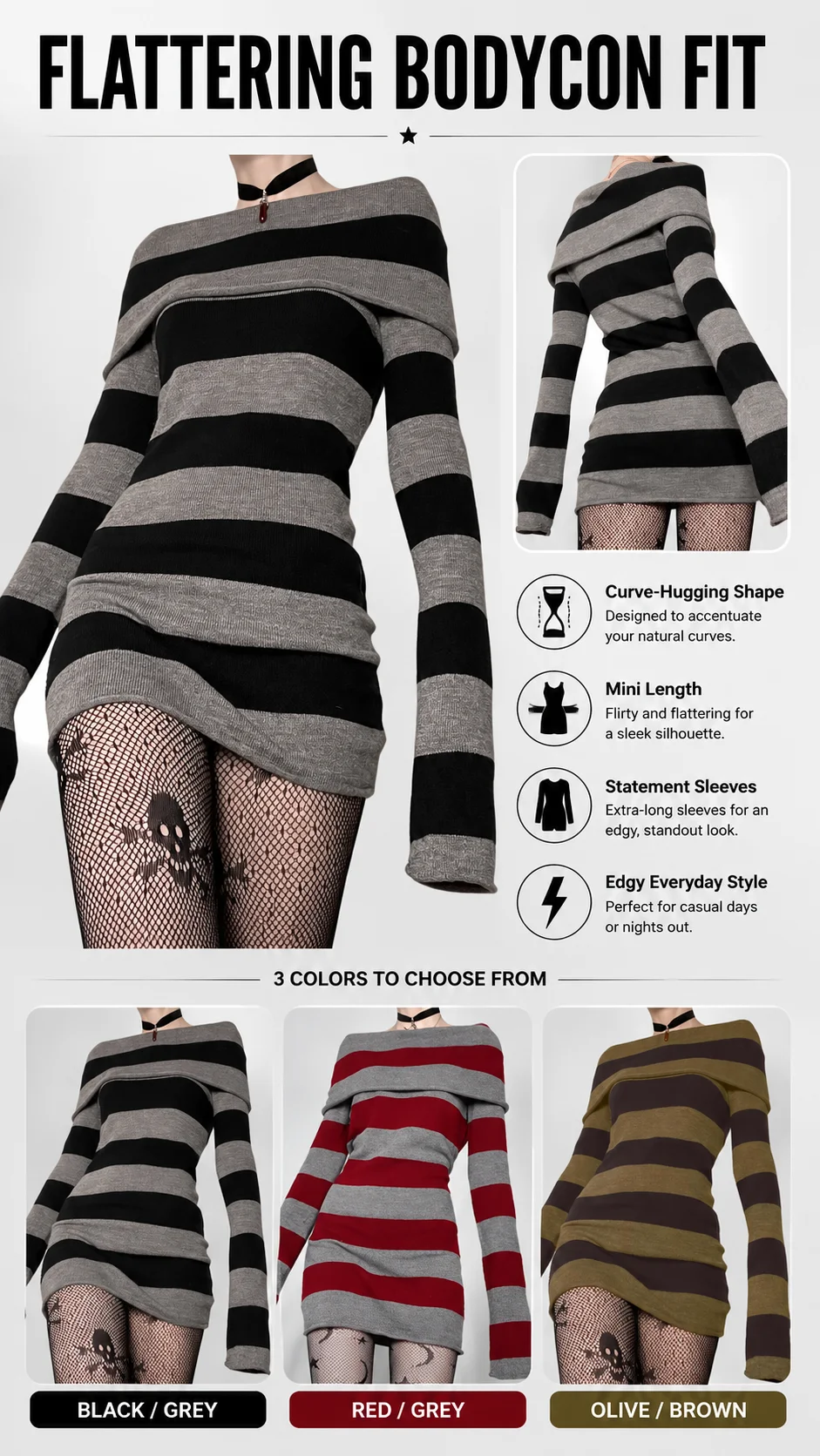 Women Gothic Y2K Off Shoulder Striped Knit Mini Dress Long Sleeve Bodycon Sweater Dress Punk Grunge Aesthetic Party Club Outfits detail