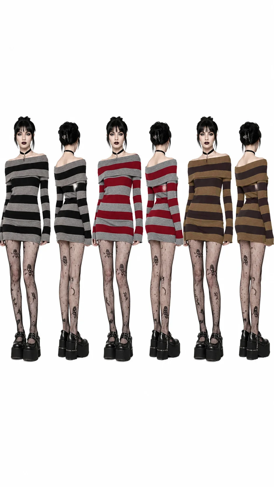Women Gothic Y2K Off Shoulder Striped Knit Mini Dress Long Sleeve Bodycon Sweater Dress Punk Grunge Aesthetic Party Club Outfits product view