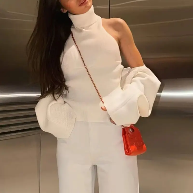 Autumn Winter New Crochet Lady Party Camisole Fashion Hollow Out Knitted Womens Sweater Casual Solid Color Slim Commute Jumper product view