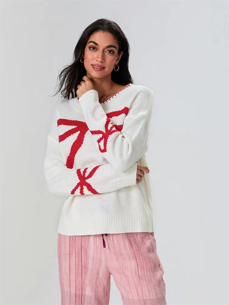 Womens Bow Print Sweater Elegant Long Sleeve Round Neck Knit Pullovers Spring Autumn Tops product view