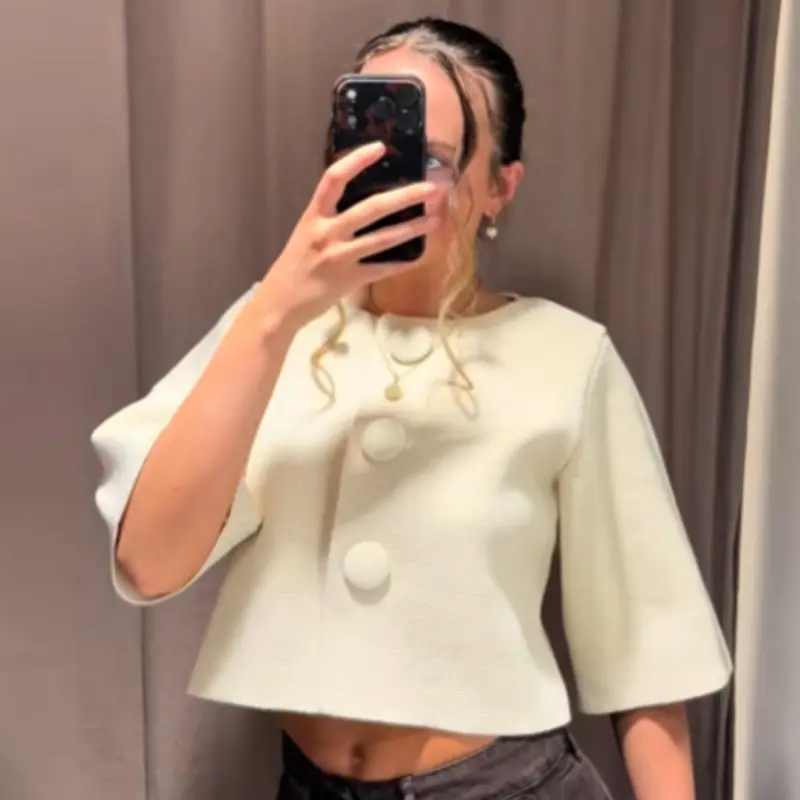 Womens Cropped Knit Cardigan Summer Elegant Off White Button ONeck Short Sleeve Tops For Woman Resort Bolero Sweater product view