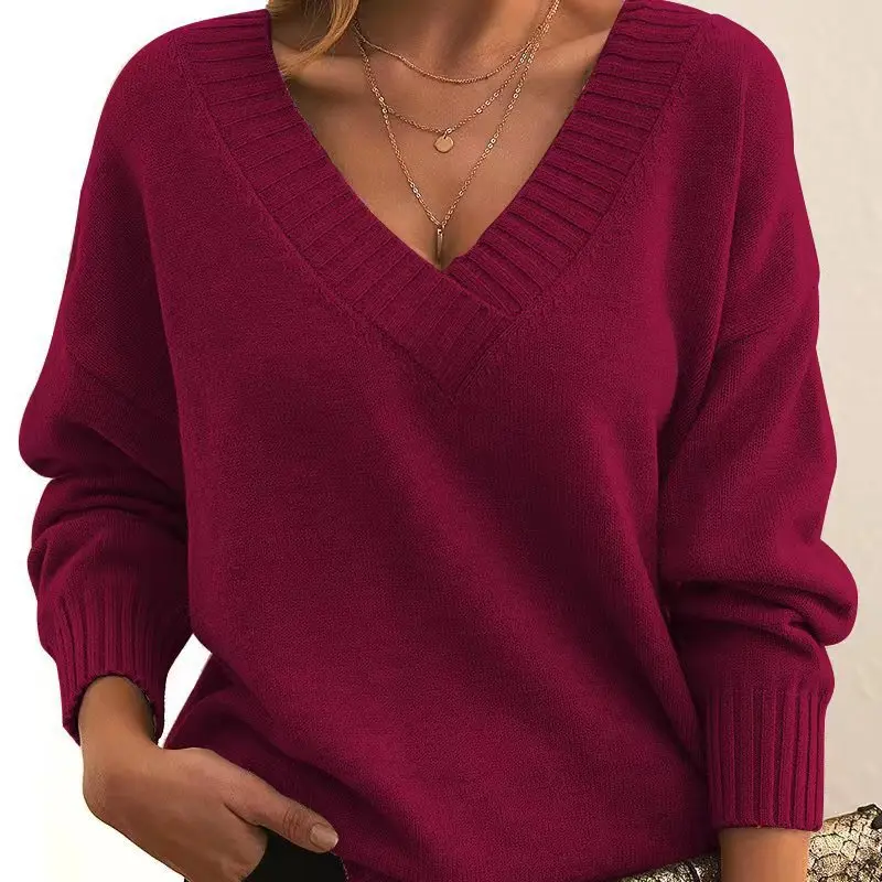 Fall Winter New Fashion Womens Sweater LooseFit VNeck Casual Pullover Knit Tops Clothing detail