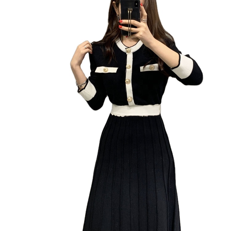Knitwear Manufacturers Custom Elegant Women's Knit Slim A Line High Waist Pleated Dress Women Soft Ladies Long Sweater Dress