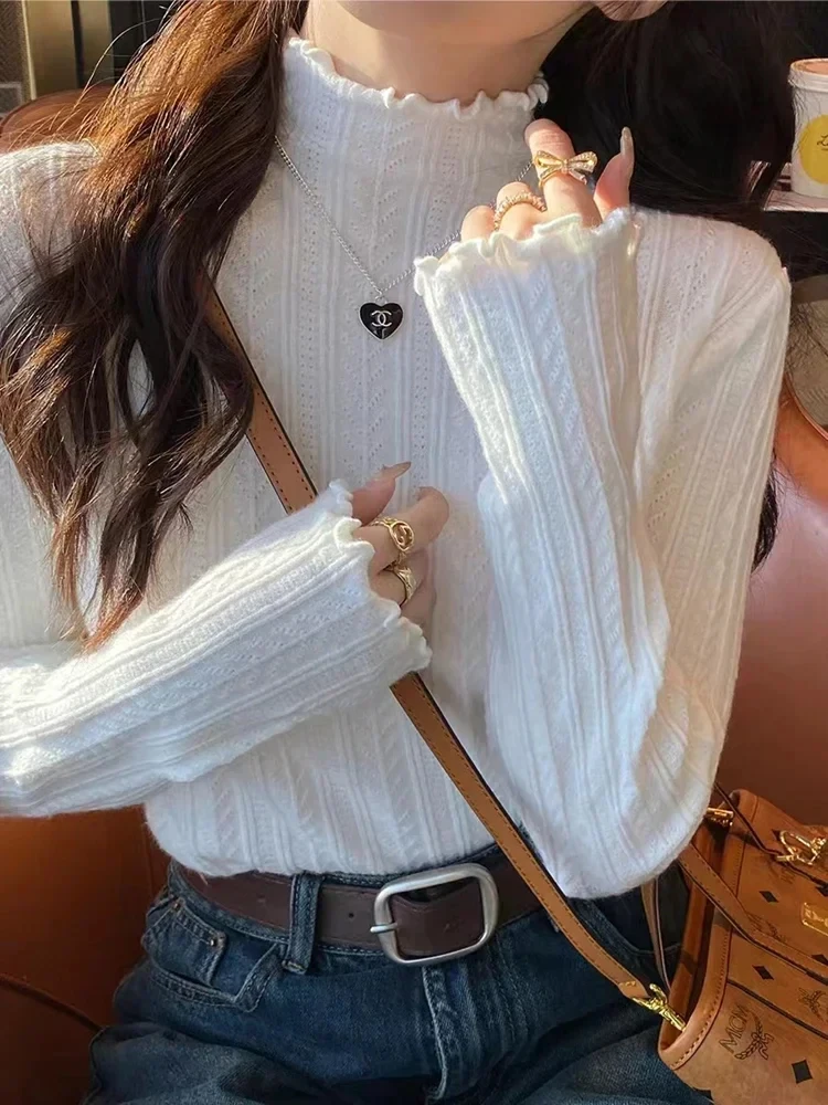 New Womens Autumn and Winter Solid Color Ruffled Semiturtleneck Longsleeved Knitted Sweater Casual Womens Knitted Pullovers detail