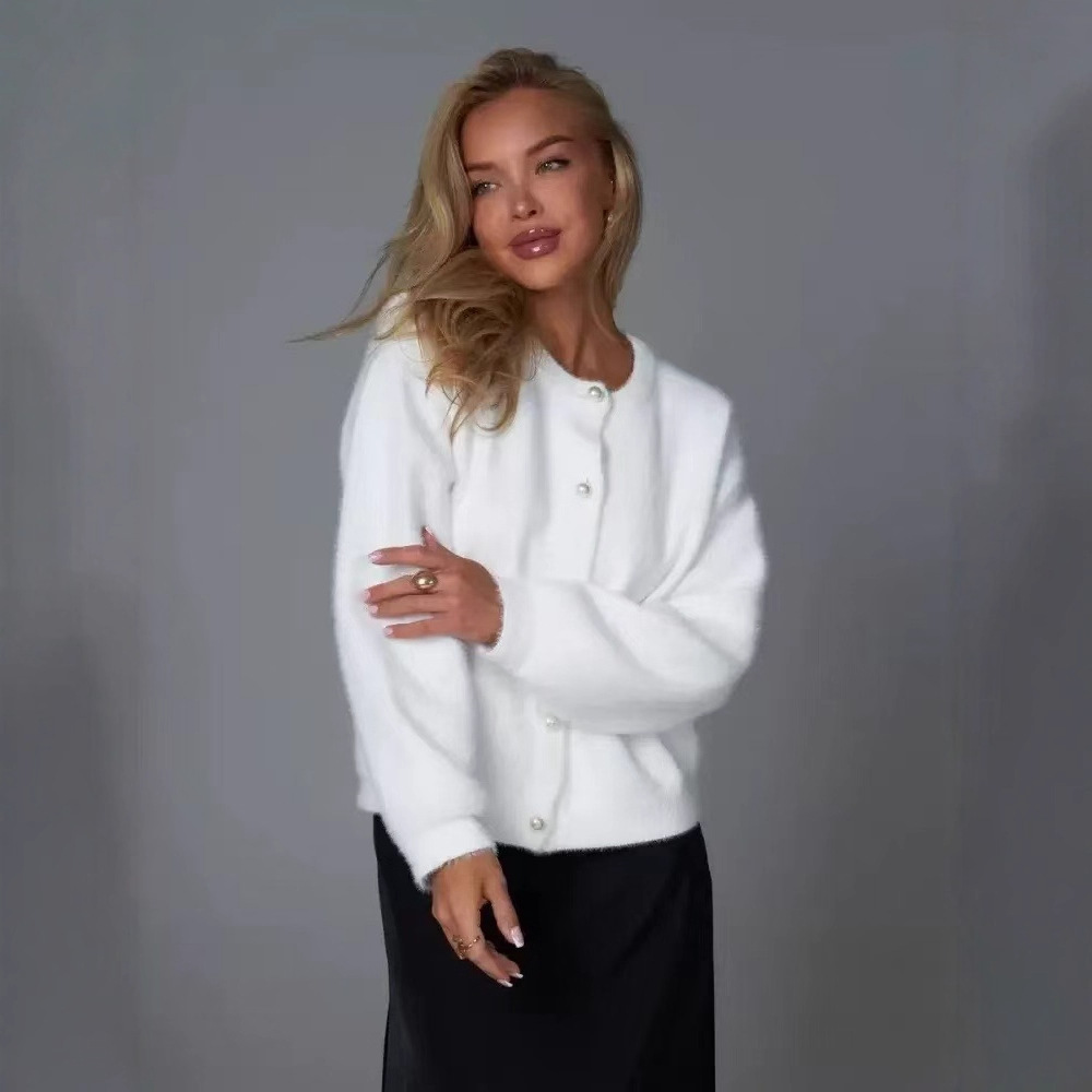 Womens Casual Faux Mink Knit Sweater Oversized Cardigans Autumn Breathable Solid Bow Collar Single Breasted Front Button detail