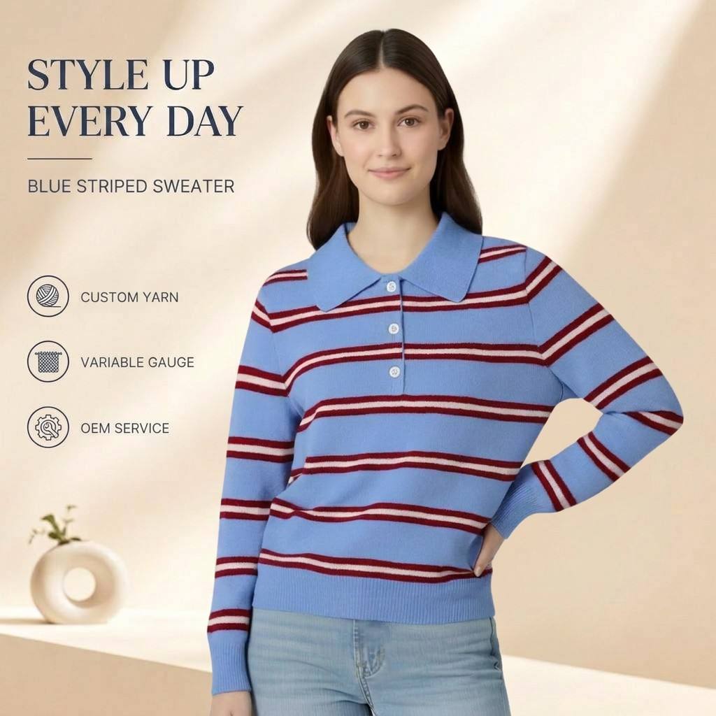 Custom Private Label Manufacturer Women's Striped Knit Pullover Sweater Turn Down Collar Long Sleeve Fashion