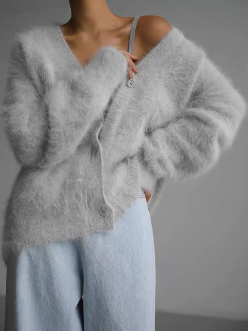 Trendy Oversized Ladys Fuzzy Cashmere and Silk Blend Knit Cardigan Customized Fleece Soft Cardigan Sweater detail