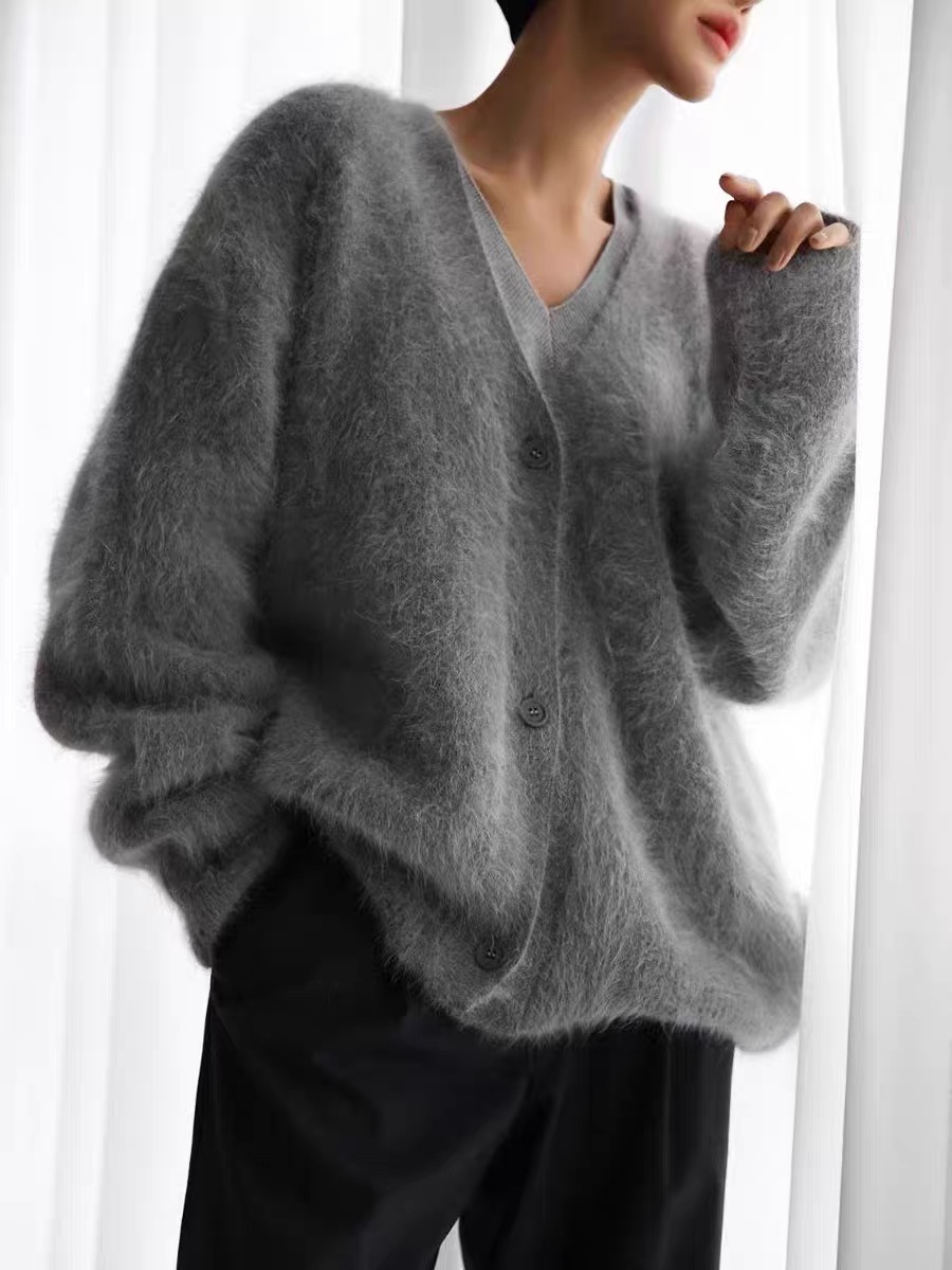 Trendy Oversized Ladys Fuzzy Cashmere and Silk Blend Knit Cardigan Customized Fleece Soft Cardigan Sweater detail