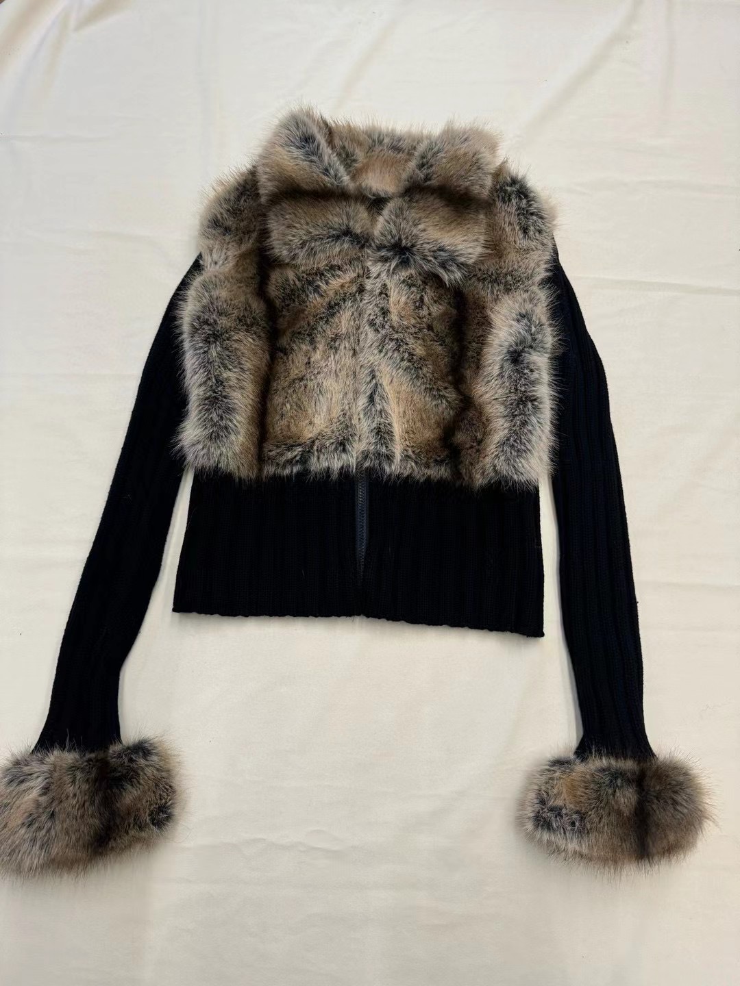 Womens EcoFriendly Faux Fur Patchwork Cardigan TwoinOne Knit Collar Zipper Front Sexy Streetwear Thermal Lined Sweater Coat detail