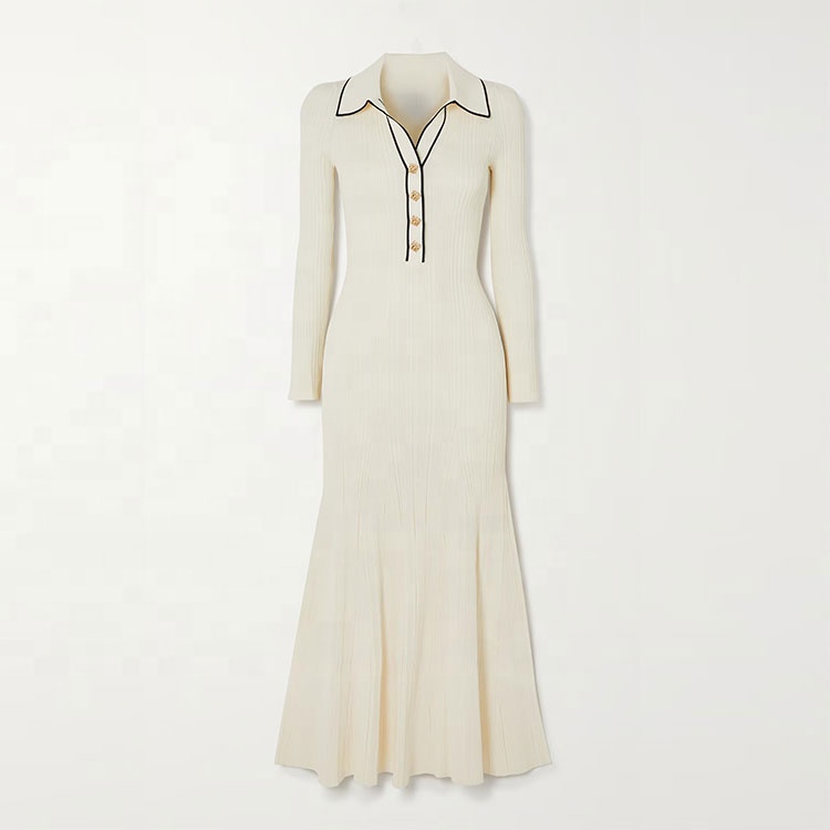 Knitwear Manufacturers Custom Beige Striped Polo Collar Long Sleeve Gold Button Casual Women Knit Sweater Dress