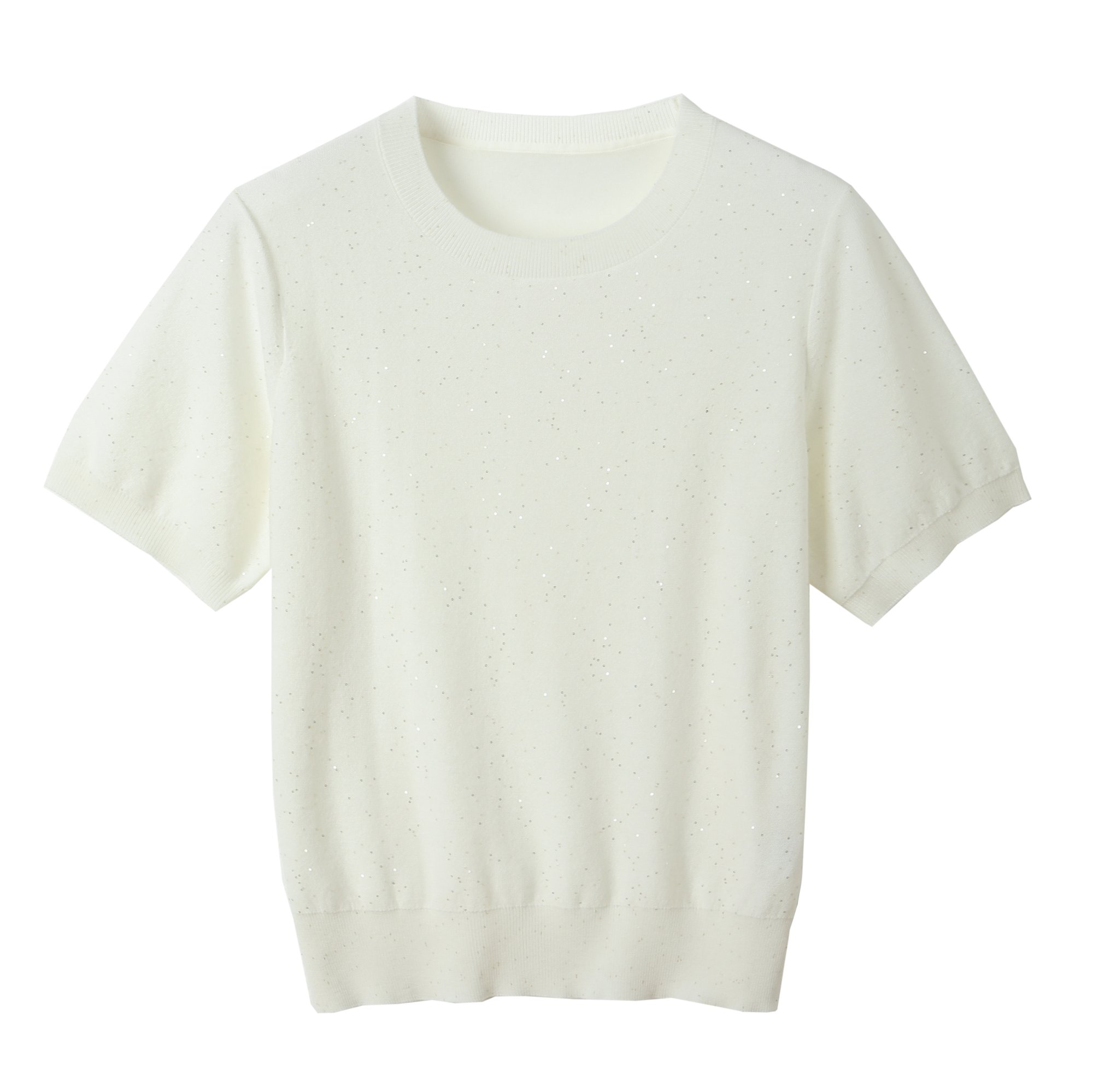 Womens Sequin Wool Blend Sweater Short Sleeve Crew Neck Soft Sparkle Lightweight Knit Top product view
