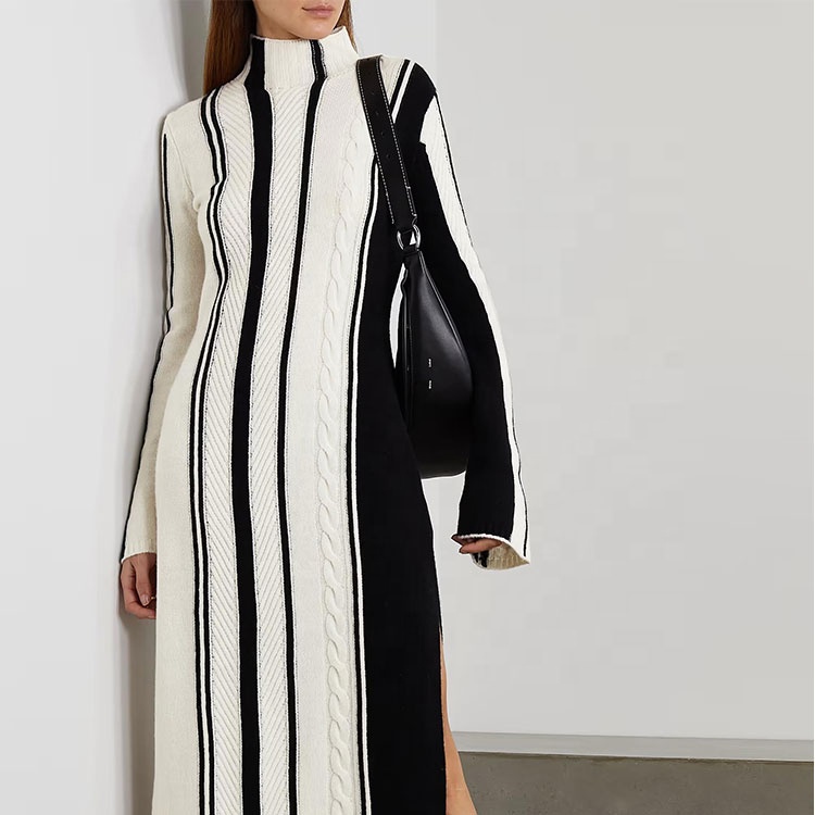 Knitwear Manufacturers Custom Contrast Color Stripe Turtleneck Long Sleeve Split Long Women Midi Casual Sweater Knit Dress
