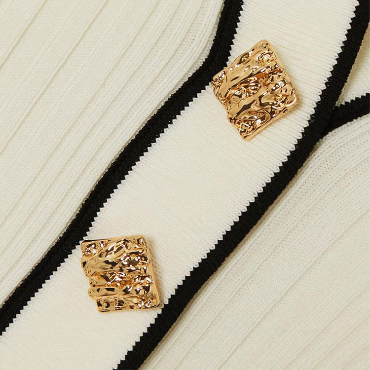 Knitwear Manufacturers Custom Beige Striped Polo Collar Long Sleeve Gold Button Casual Women Knit Sweater Dress detail