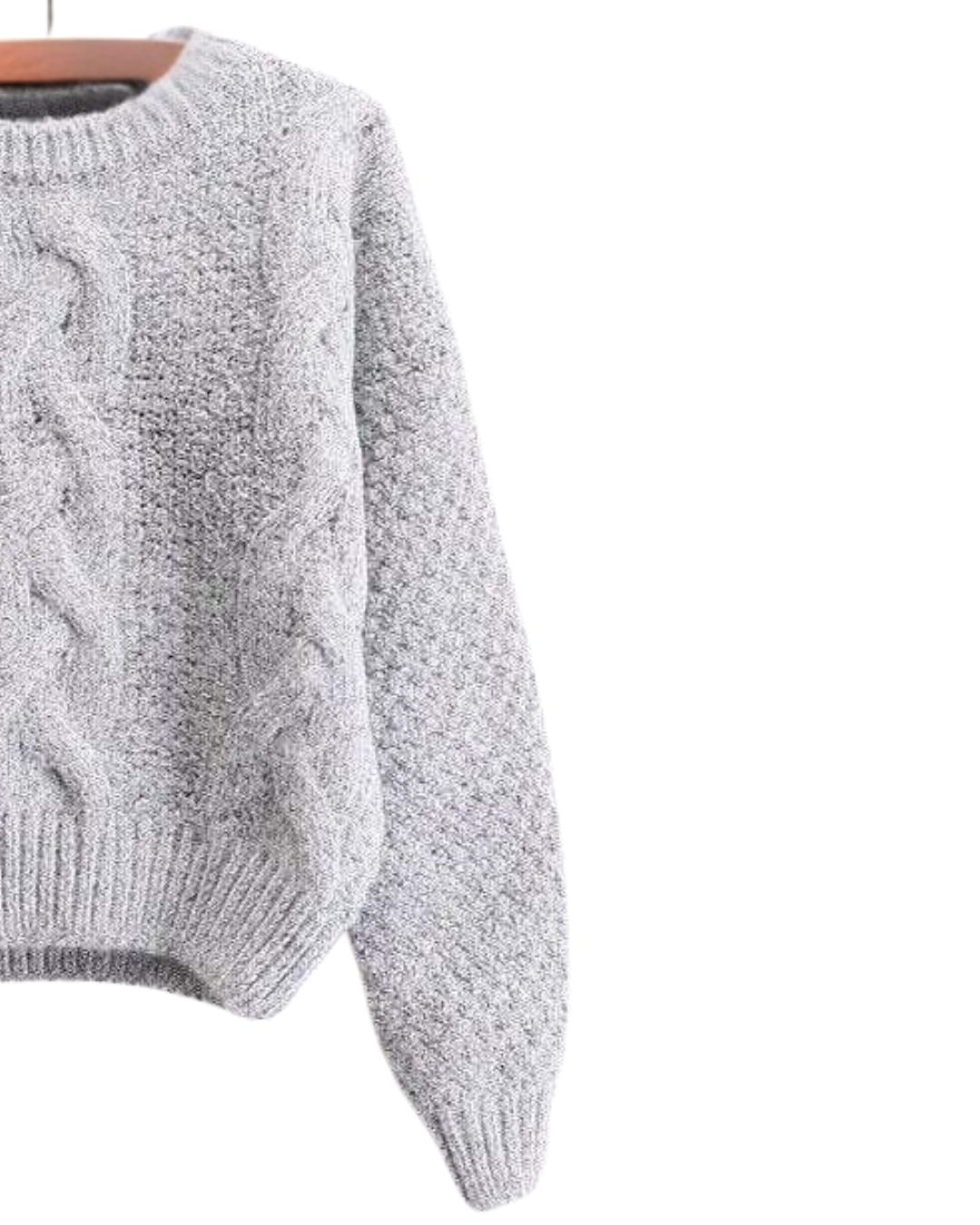 Women Light Grey Cable Knit Sweater Soft Warm Winter Pullover Cozy Thick Knitwear Textured Sleeves Premium Fashion Style product view