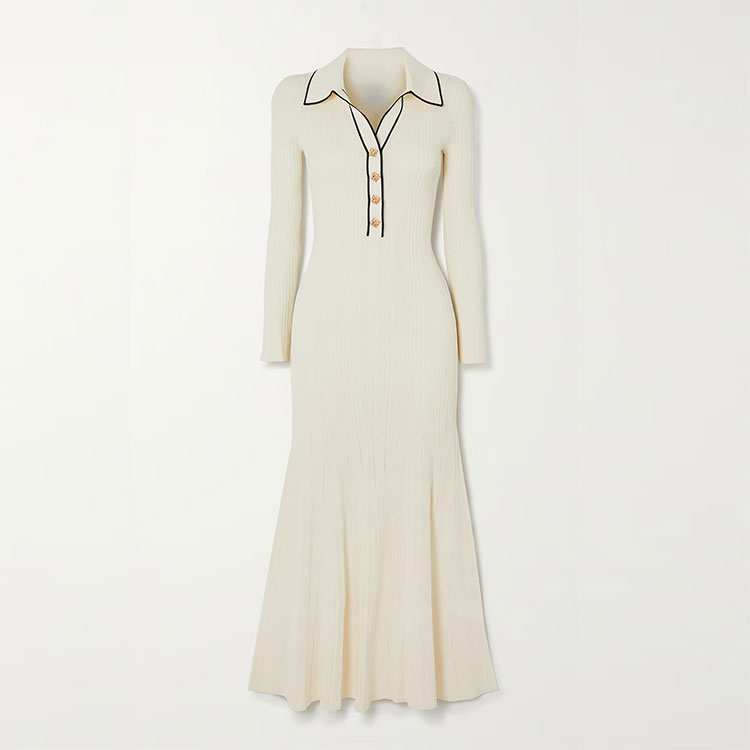 Knitwear Manufacturers Custom Beige Striped Polo Collar Long Sleeve Gold Button Casual Women Knit Sweater Dress detail