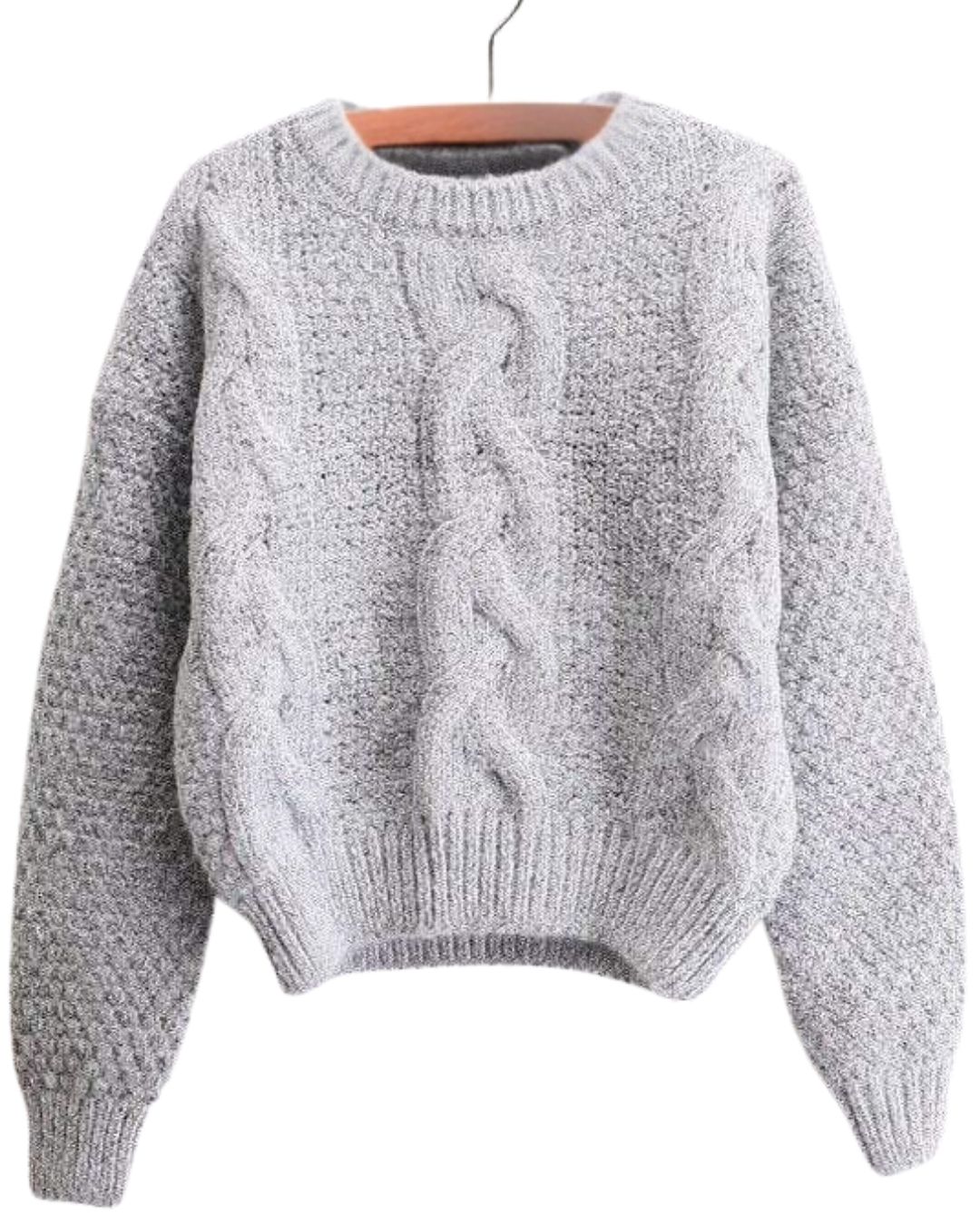 Women Light Grey Cable Knit Sweater Soft Warm Winter Pullover Cozy Thick Knitwear Textured Sleeves Premium Fashion Style