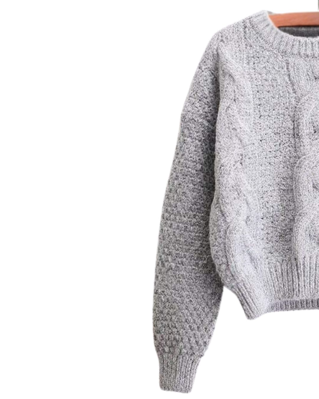 Women Light Grey Cable Knit Sweater Soft Warm Winter Pullover Cozy Thick Knitwear Textured Sleeves Premium Fashion Style product view
