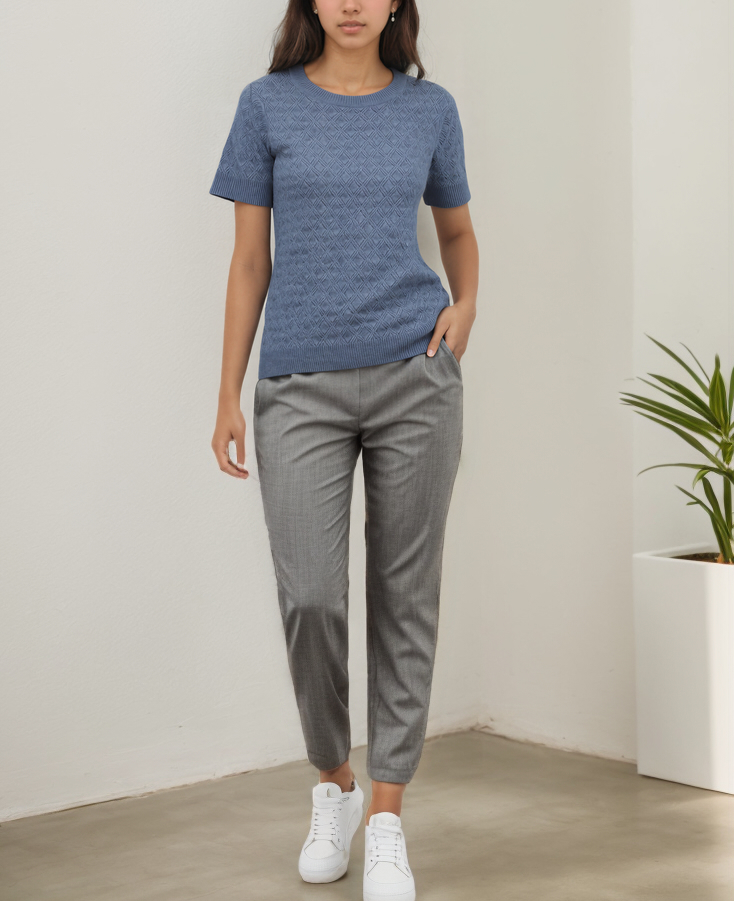 Stylish Design High Standard Spring Short Sleeve Round Crew Solid Heavy Weight Women's Pullover Sweater
