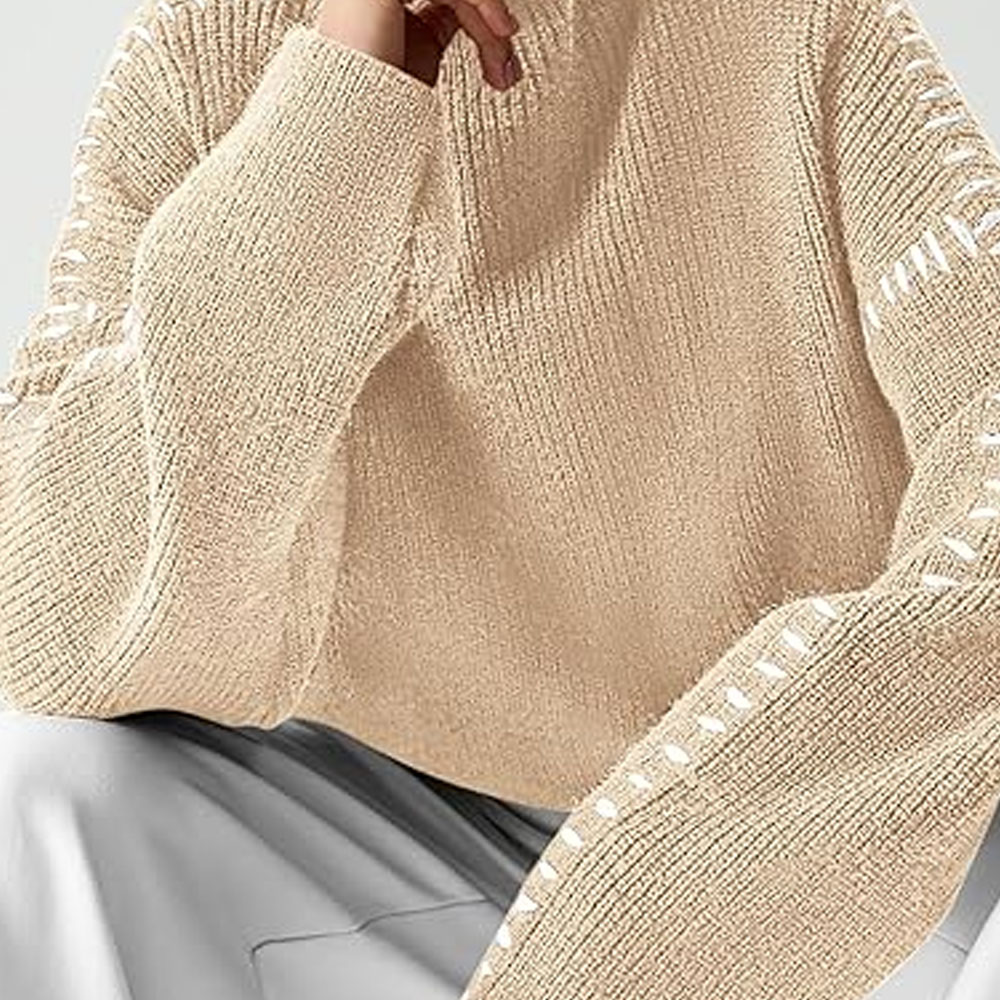 Womens Vintage Fall Winter Trendy Cable Knit Breathable Crew Neck Pullover Sweater Long Sleeve Customizable Embroidery Front detail