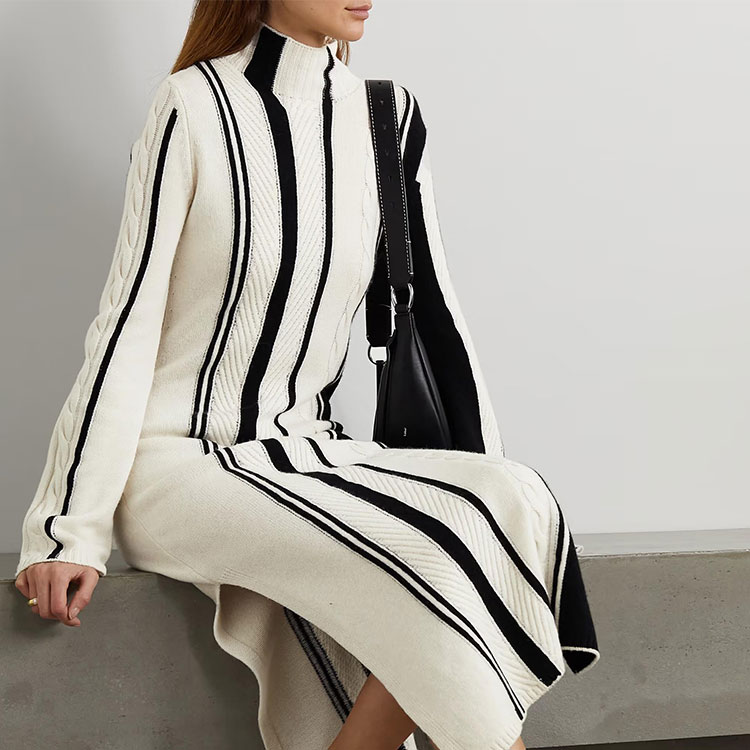 Knitwear Manufacturers Custom Contrast Color Stripe Turtleneck Long Sleeve Split Long Women Midi Casual Sweater Knit Dress detail