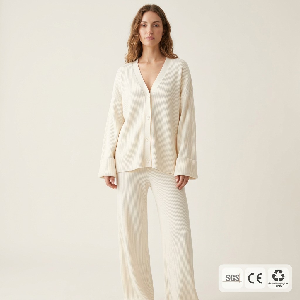 Custom Oversized Women Solid Ribbed Knit Casual Daily Wear For Set OEM ODM Soft Touch Cardigan Wide Leg Trousers Luxury
