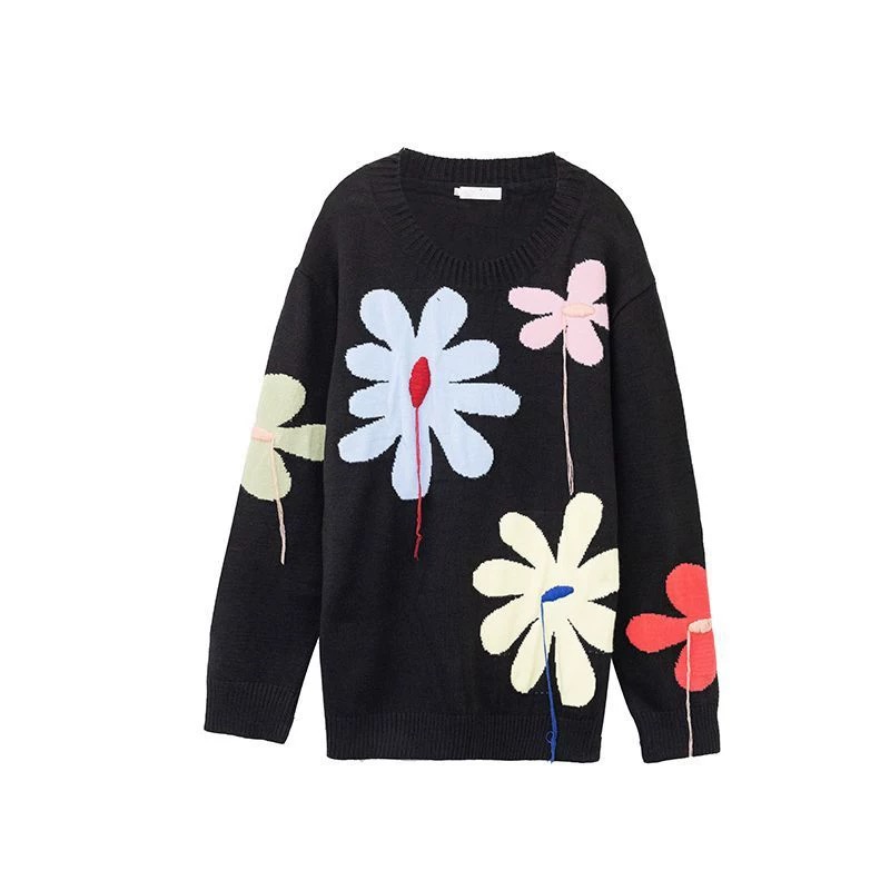 Custom Women Knit Sweater Crew Neck Long Sleeve Drop Shoulder Women Knit Jumper Flower Jacquard Fashion Knit Pullover product view