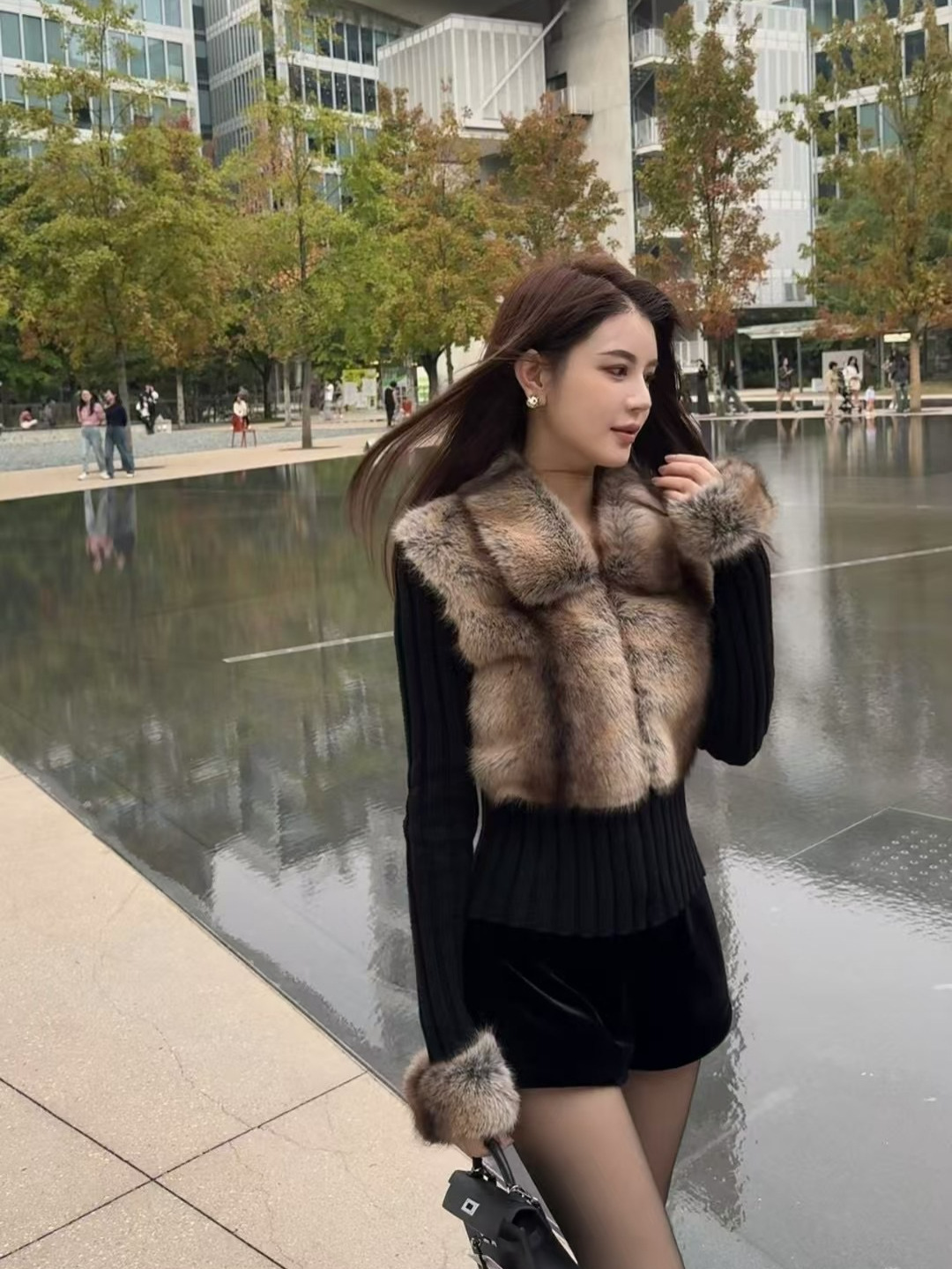Womens EcoFriendly Faux Fur Patchwork Cardigan TwoinOne Knit Collar Zipper Front Sexy Streetwear Thermal Lined Sweater Coat product view