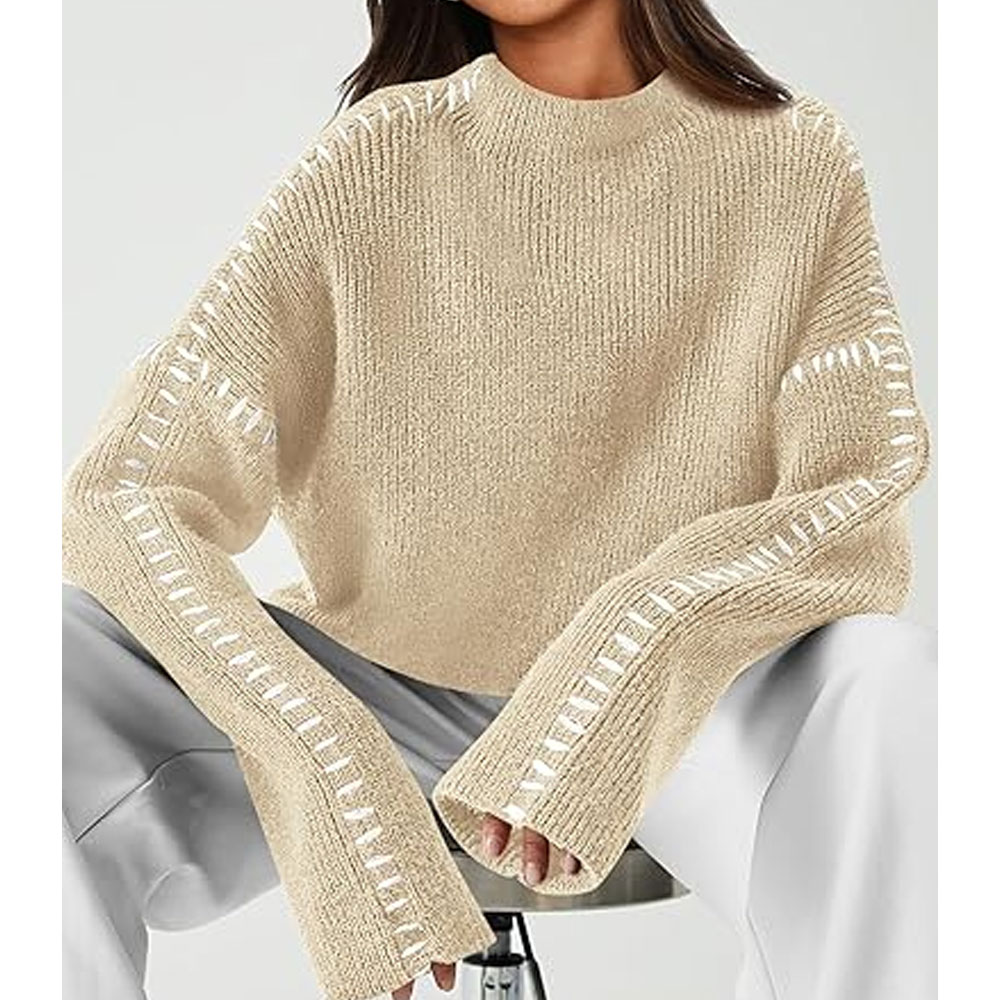 Womens Vintage Fall Winter Trendy Cable Knit Breathable Crew Neck Pullover Sweater Long Sleeve Customizable Embroidery Front detail