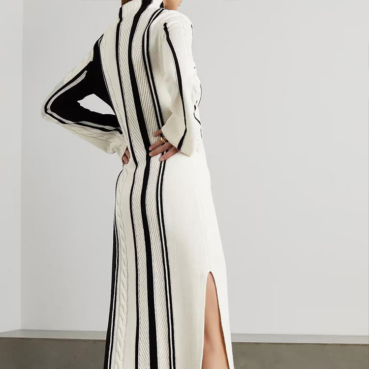 Knitwear Manufacturers Custom Contrast Color Stripe Turtleneck Long Sleeve Split Long Women Midi Casual Sweater Knit Dress product view