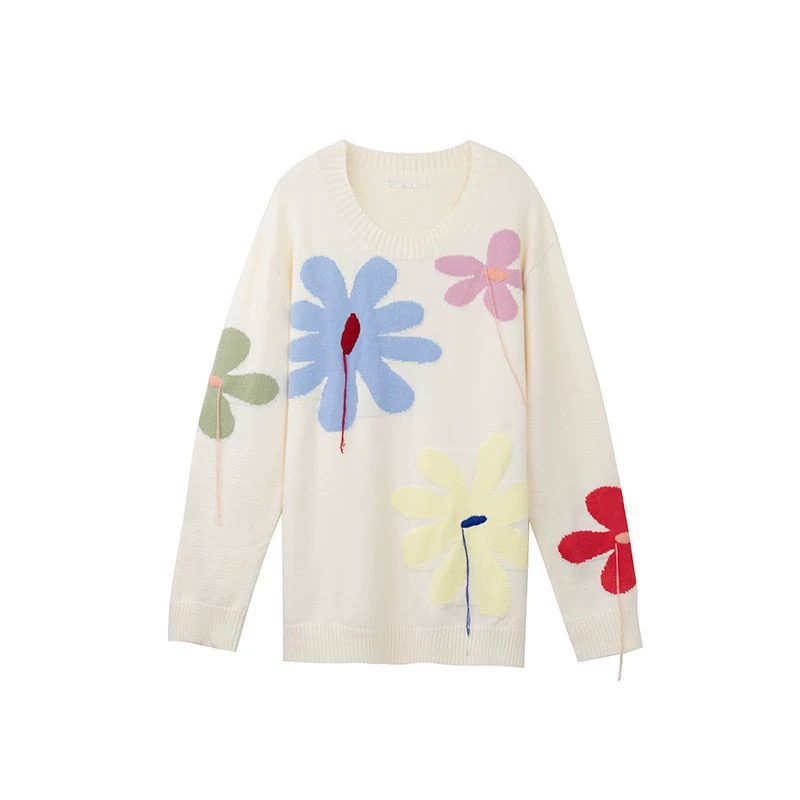Custom Women Knit Sweater Crew Neck Long Sleeve Drop Shoulder Women Knit Jumper Flower Jacquard Fashion Knit Pullover product view