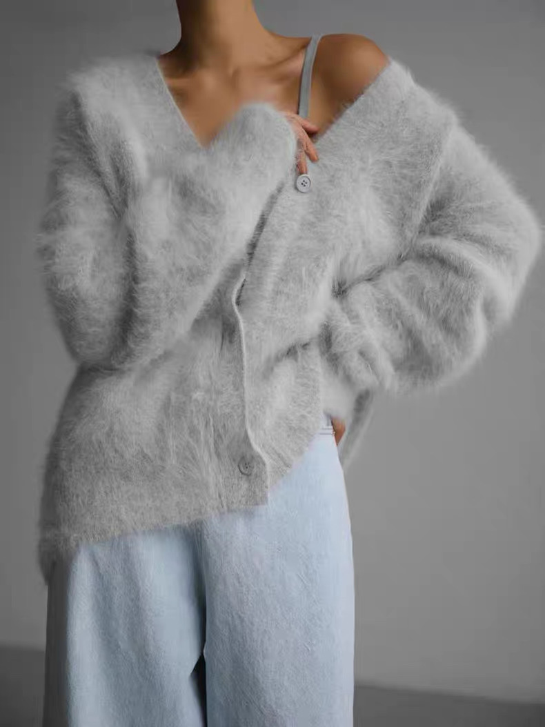 Trendy Oversized Ladys Fuzzy Cashmere and Silk Blend Knit Cardigan Customized Fleece Soft Cardigan Sweater detail