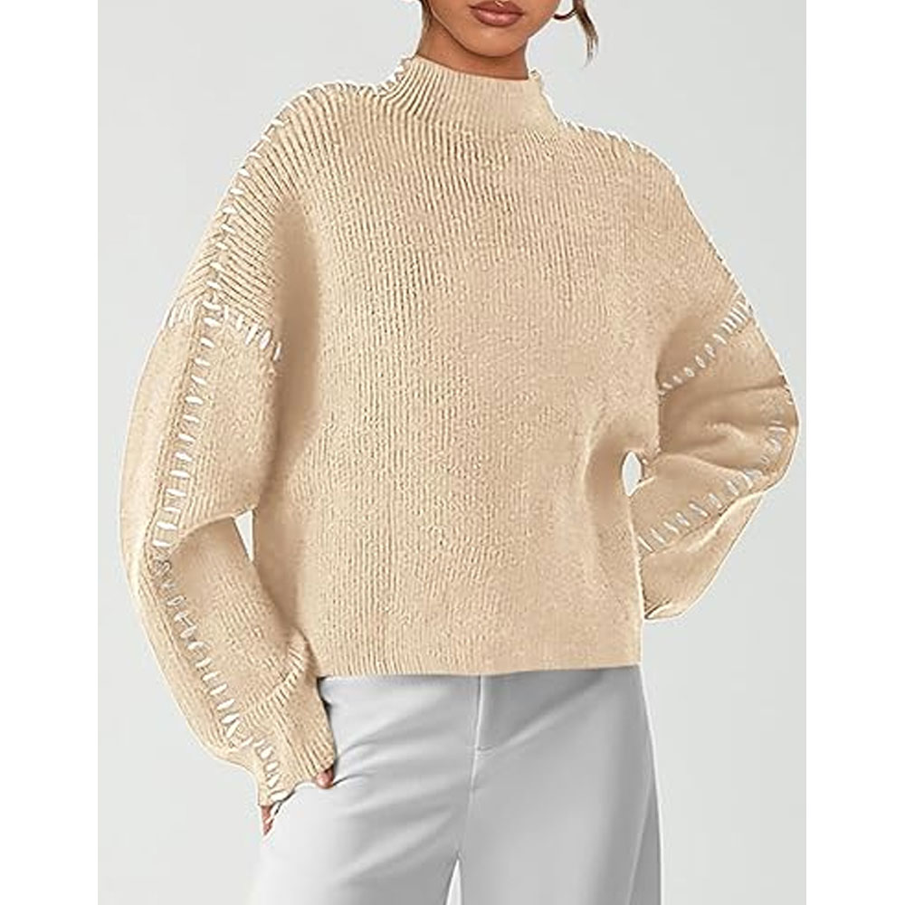 Womens Vintage Fall Winter Trendy Cable Knit Breathable Crew Neck Pullover Sweater Long Sleeve Customizable Embroidery Front detail