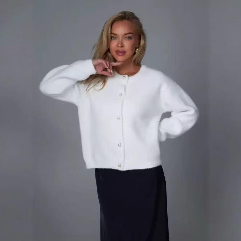 Womens Casual Faux Mink Knit Sweater Oversized Cardigans Autumn Breathable Solid Bow Collar Single Breasted Front Button detail