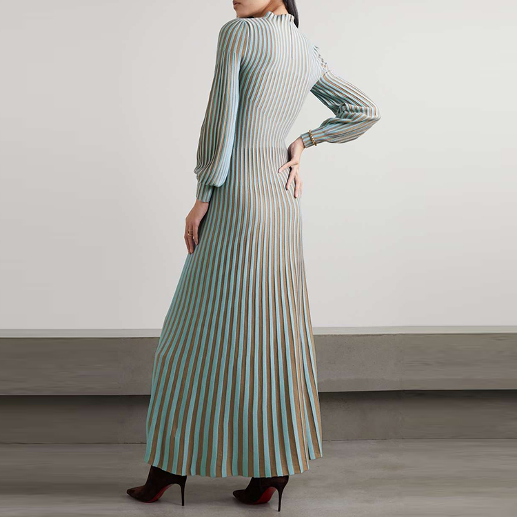 Knitwear Manufactured Custom Crew Collar Long Sleeve Elegant Casual Striped Knit Women Sweater Dress product view