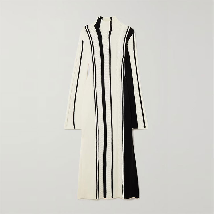 Knitwear Manufacturers Custom Contrast Color Stripe Turtleneck Long Sleeve Split Long Women Midi Casual Sweater Knit Dress detail