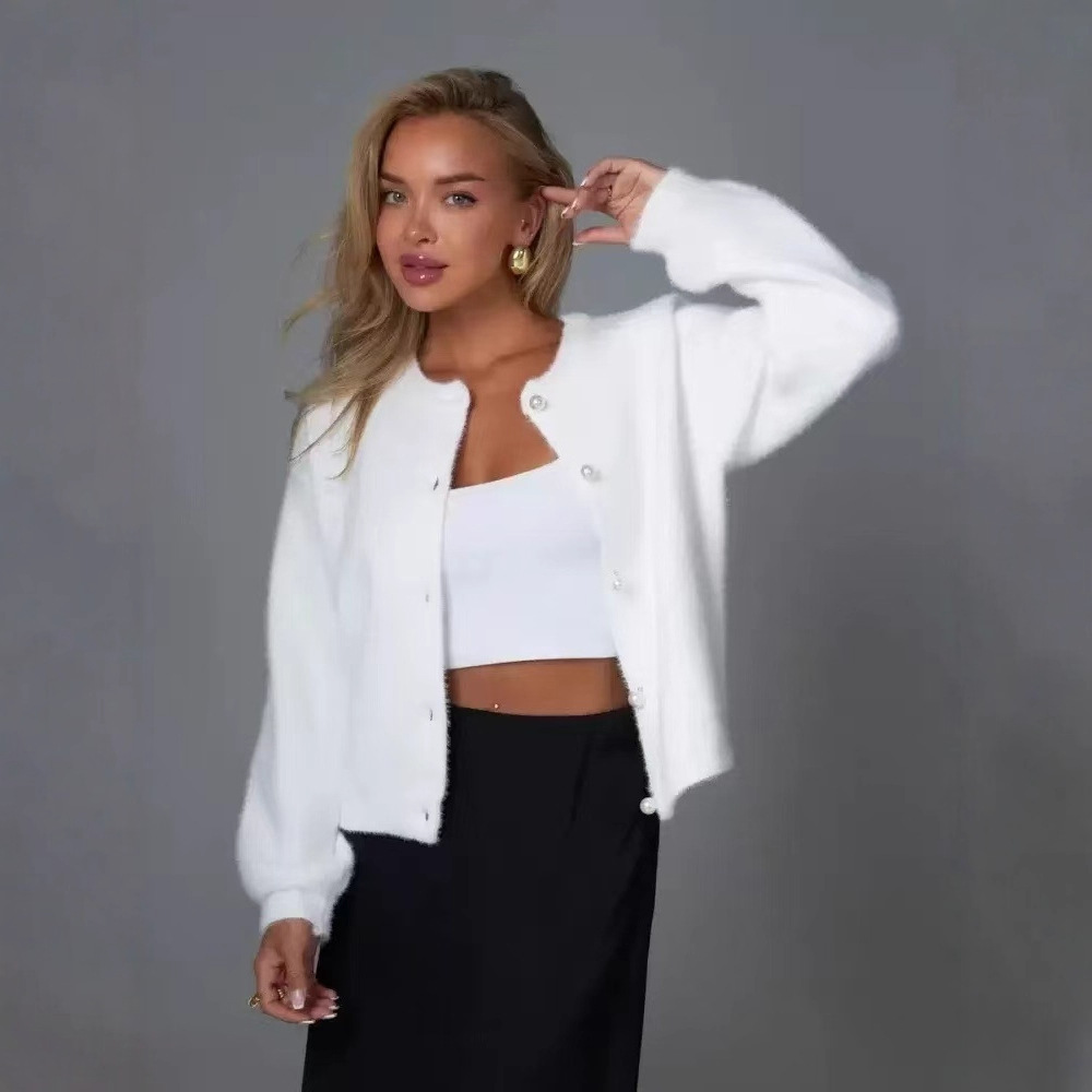 Womens Casual Faux Mink Knit Sweater Oversized Cardigans Autumn Breathable Solid Bow Collar Single Breasted Front Button product view
