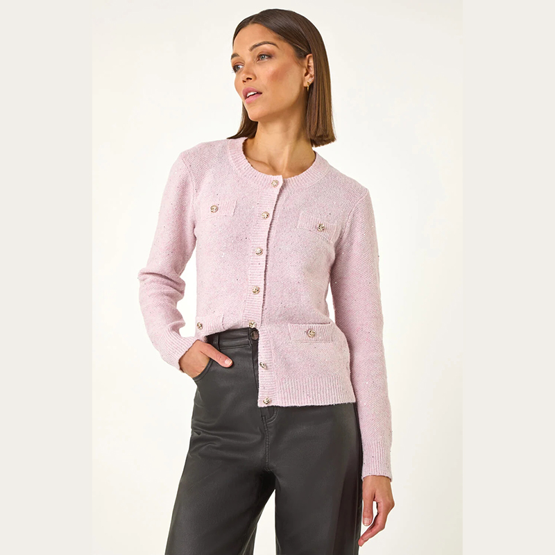 Women's Casual Light Sequin Knit Cardigan O-Neck Ribbed Cardigan Long Sleeve Button Knit Sweater for Autumn