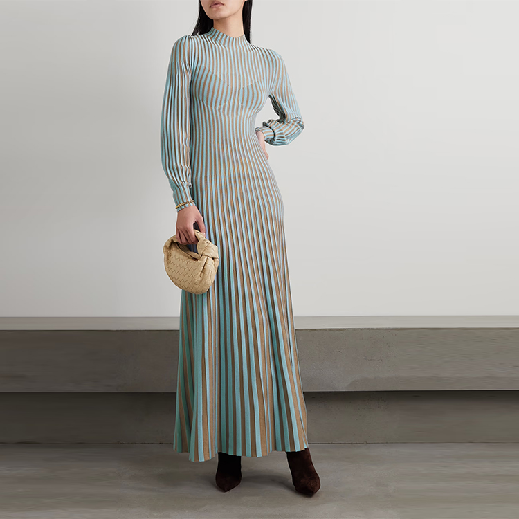Knitwear Manufactured Custom Crew Collar Long Sleeve Elegant Casual Striped Knit Women Sweater Dress product view
