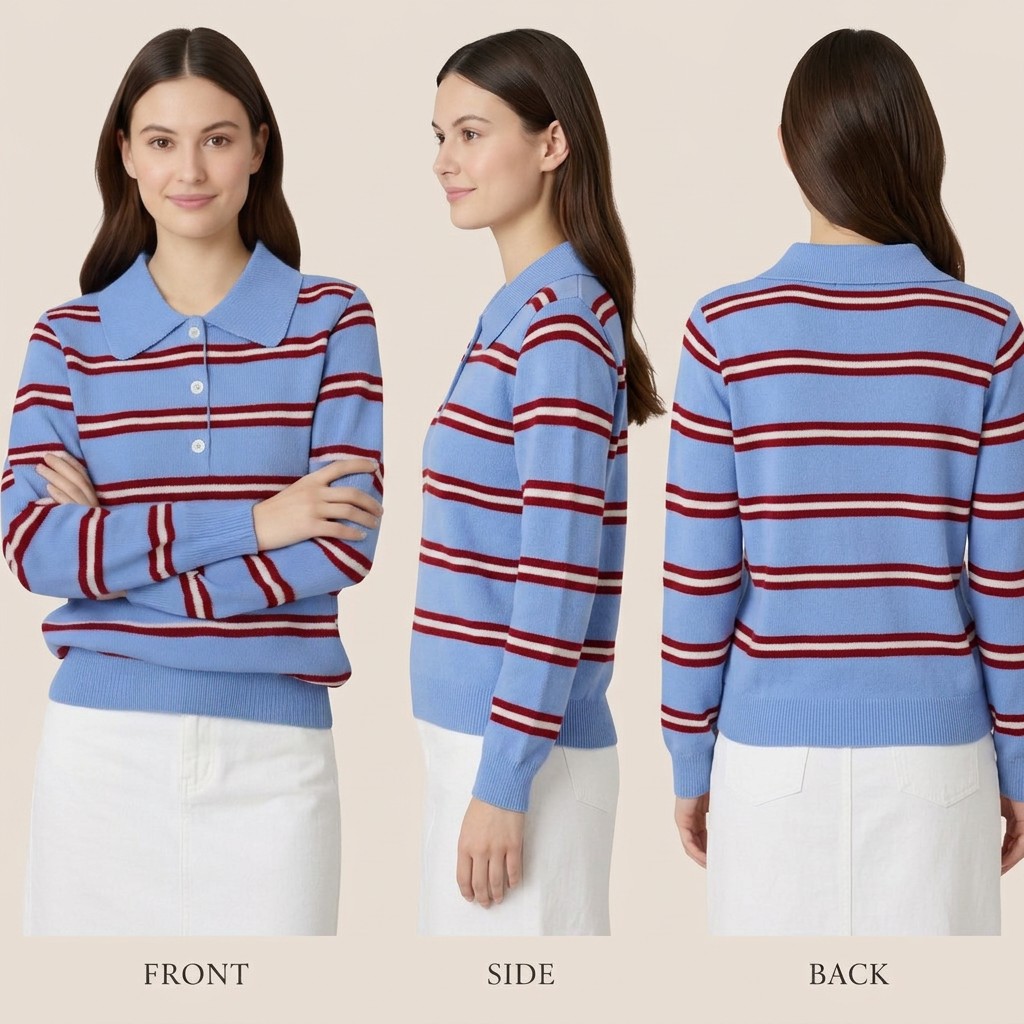 Custom Private Label Manufacturer Womens Striped Knit Pullover Sweater Turn Down Collar Long Sleeve Fashion product view