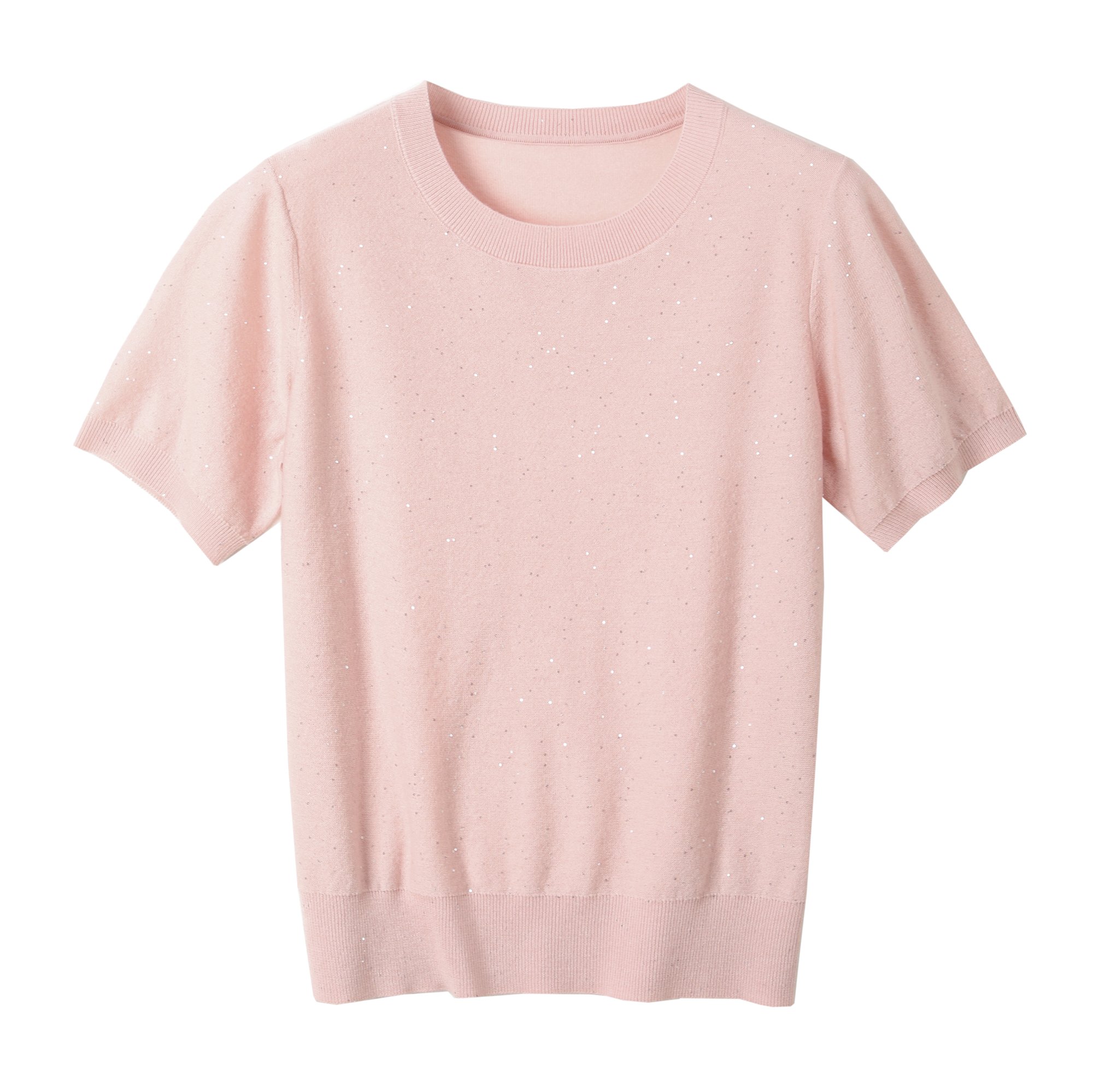 Womens Sequin Wool Blend Sweater Short Sleeve Crew Neck Soft Sparkle Lightweight Knit Top product view