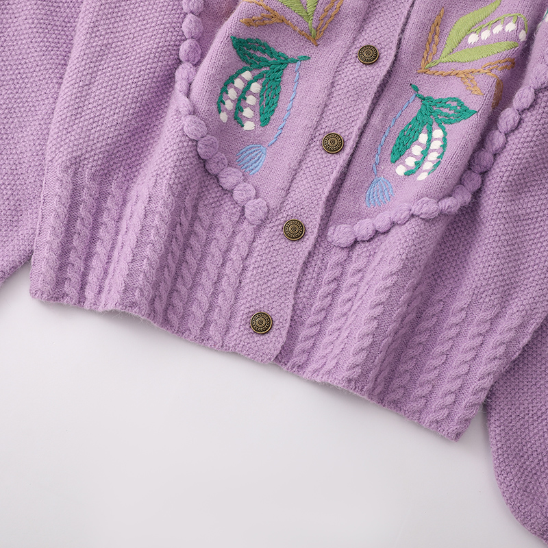 Womens New Winter Hand Embroidery Pattern Knitted Sweater Small Fragrant Sweet Knit Lace Twisted Rope Knitted Cardigan Sweater detail