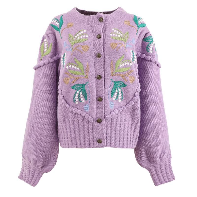 Womens New Winter Hand Embroidery Pattern Knitted Sweater Small Fragrant Sweet Knit Lace Twisted Rope Knitted Cardigan Sweater detail