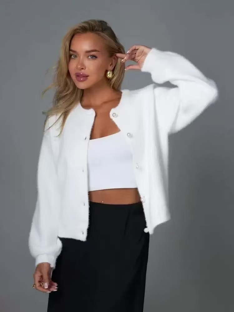Womens Casual Faux Mink Knit Sweater Oversized Cardigans Autumn Breathable Solid Bow Collar Single Breasted Front Button detail