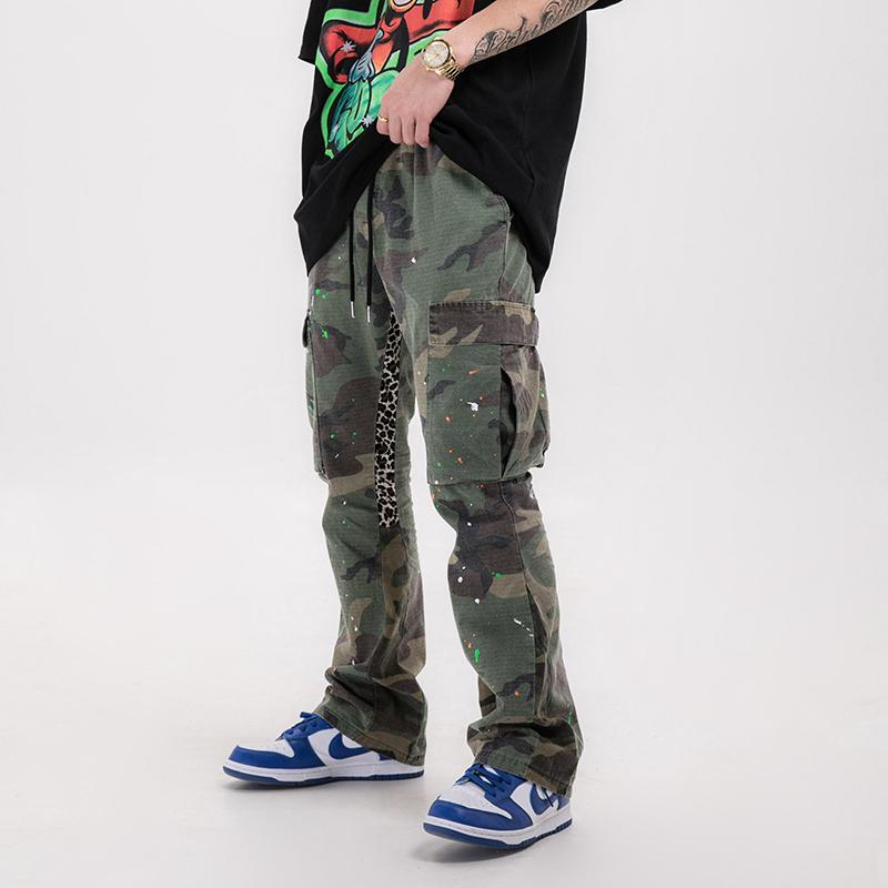 Men and Women Distressed Camouflage Splash Flared Pants 